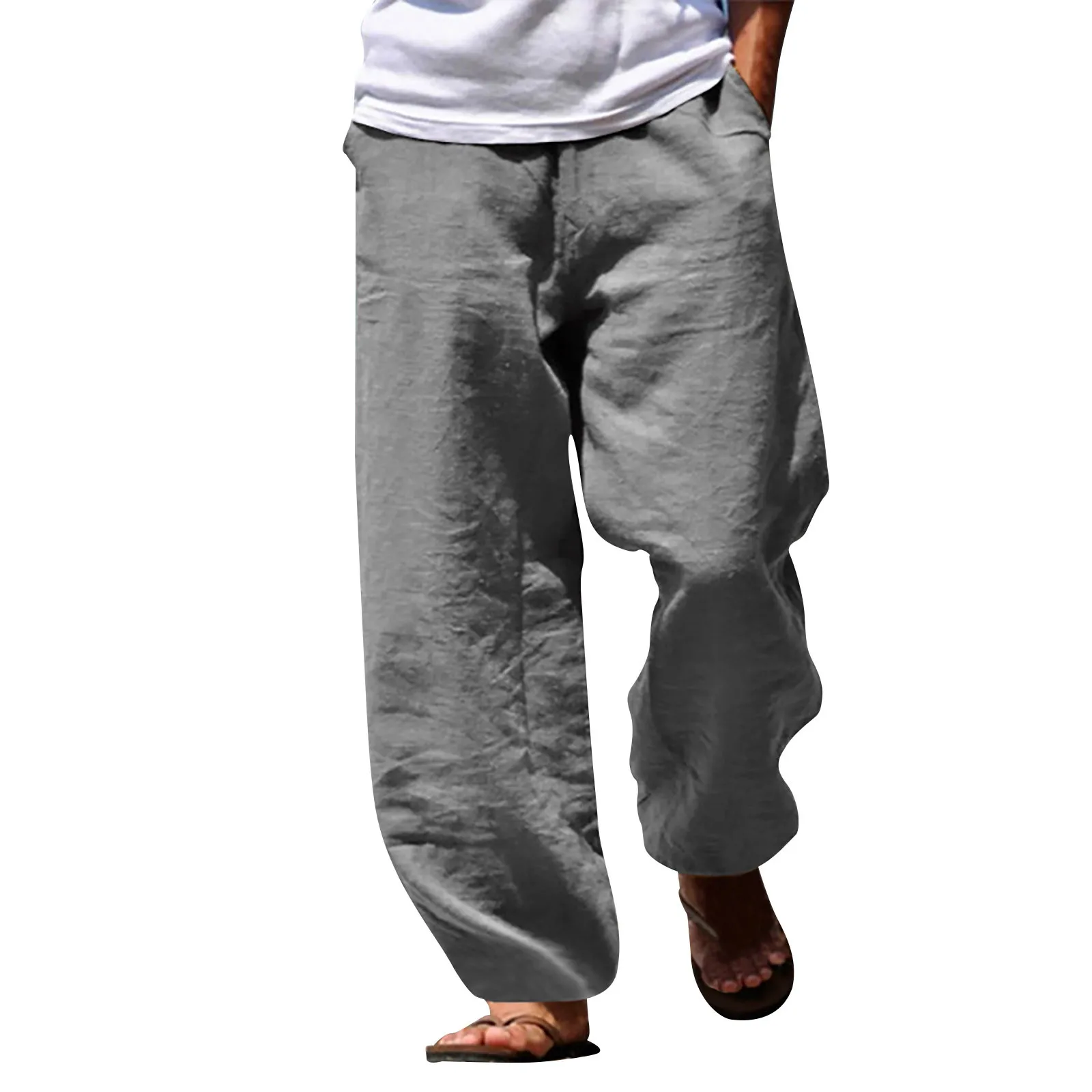 Men's Cotton Hemp Pants Elastic Waist Loose Drawstring Summer Beach Pants Men's Straight Jogging Yoga Male Streetwear