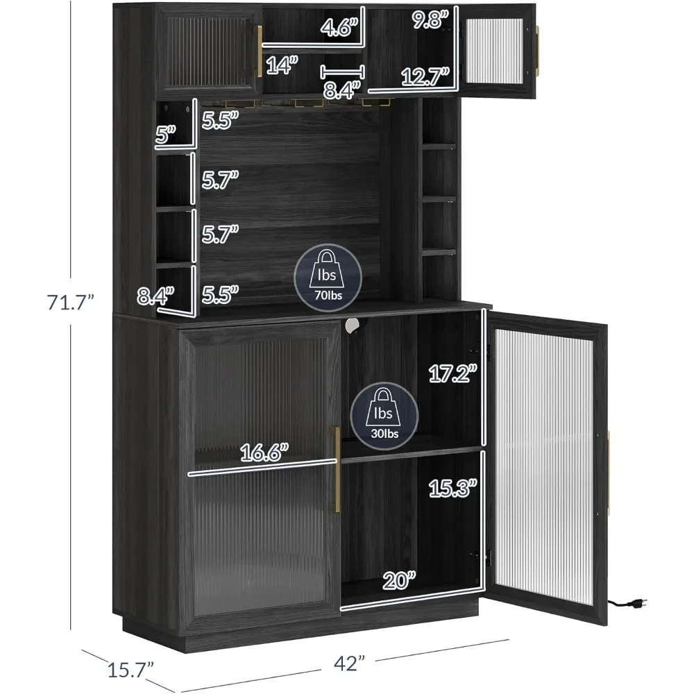 Coffee Wine Bar Cabinet with Power Outlet, 72" Rustic Liquor Cabinet, Tall Fluted Buffet Cabinet with Storage Kitchen Pantry