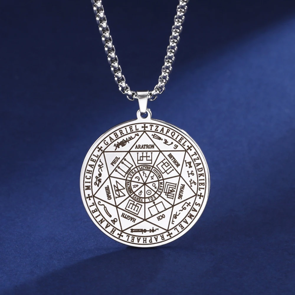 My Shape 7 Archangels Sigil Talisman Necklaces Men Boys Seal of Solomon Pendant Chain Stainless Steel Religious Amulet Jewelry