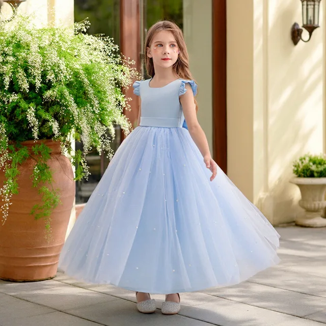 Robe longue en Tulle pour filles, avec détail de nœud, à paillettes, robe de princesse de fête d'anniversaire pour enfants, Costume de luxe pour enfants 1