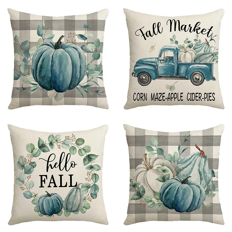 

Thanksgiving Decor Cushion Cover Linen Pillowslips Blue Pumpkin Plaid Printed Pillow Cover Home Sofa Decorative Throw Pillowcase