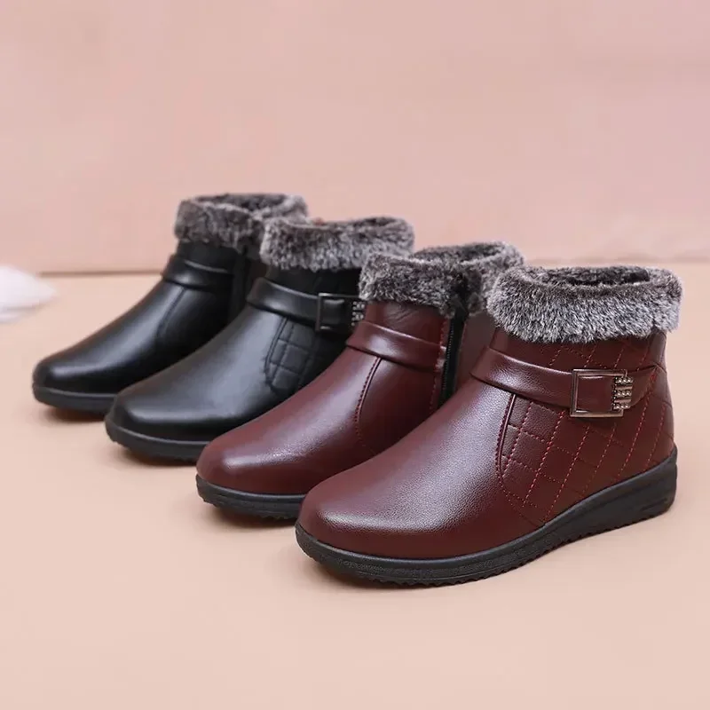 Winter Shoes Women Ankle Boots with Metal Thickened Women's Cotton Shoes Zipper Plush Warm Leather Snow Boots Mother Shoes