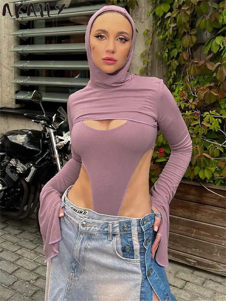 

Модная Осенняя фиолетовая облегающая женская повседневная одежда Akaily в уличном стиле, сексуальное боди с длинным рукавом и вырезами, 2023
