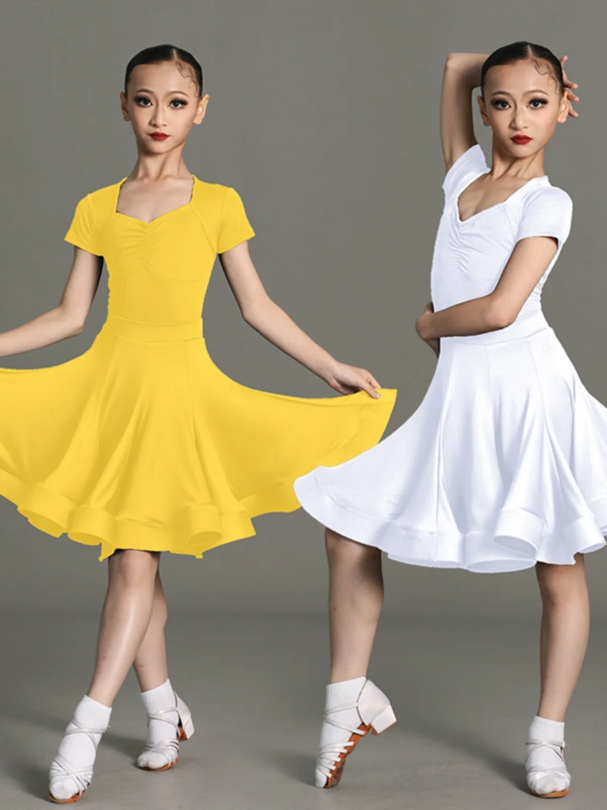 ballroom latin Line Short Sleeve dress girls american dance rumba cha cha samba tango costume competition practice wear kids