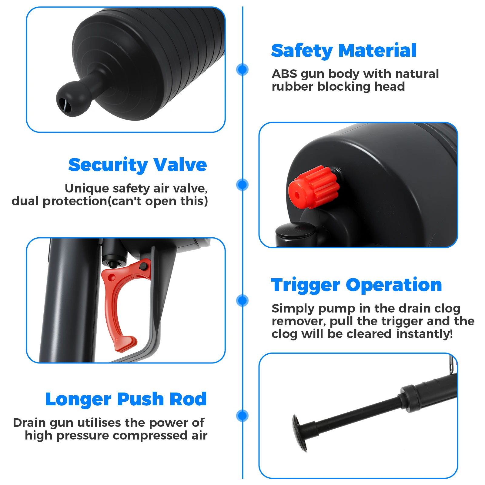 Air Pump Pressure Unblocker Toilet Plunger Set with 4 Unclogging Head Efficient Power Drain Clog Remover Tool for Kitchen Toilet