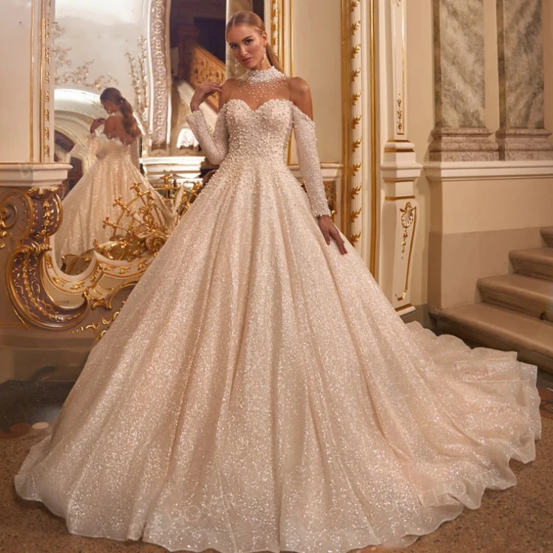 

Luxury High Neck Beading Pearls Ball Gown Wedding Dress Romantic Long Sleeve Sparkly Tulle Princess Bridal Gown vestidos de novi
