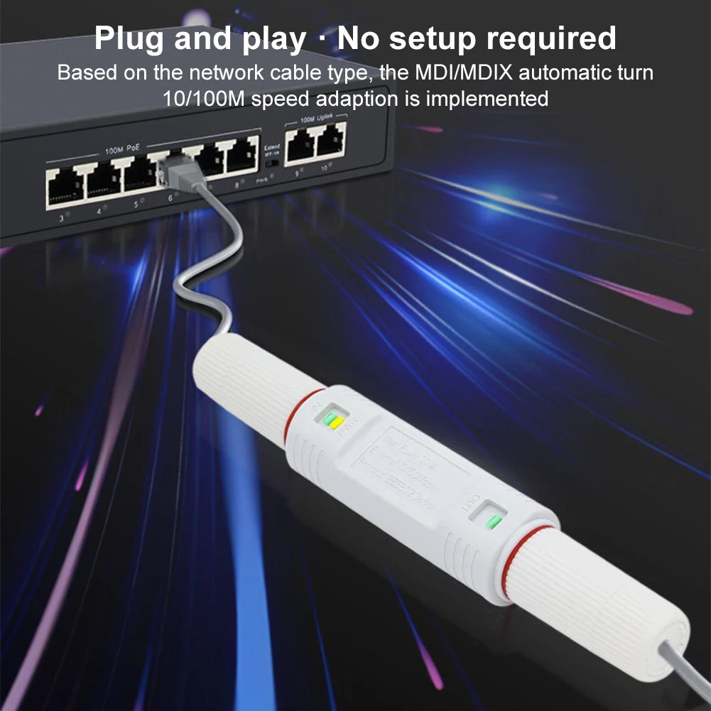 48V Ethernet Extension Comply with IEEE 802.3af/ 802.3at Waterproof Plug and Play 10/100Mbps for PoE Switch NVR IP Camera