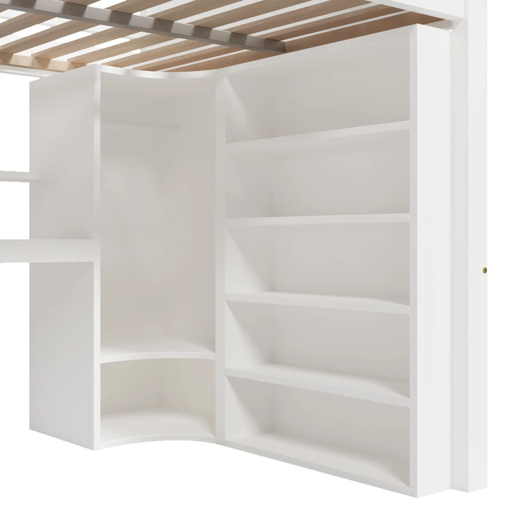 90 x 200 cm/140 x 200 cm hohes Etagenbett, mit LED-Leuchten und Kleiderschrank, Bett mit Schreibtisch und Schubladen, Aufbewahrungsfach, keine Matratze – Detail 39