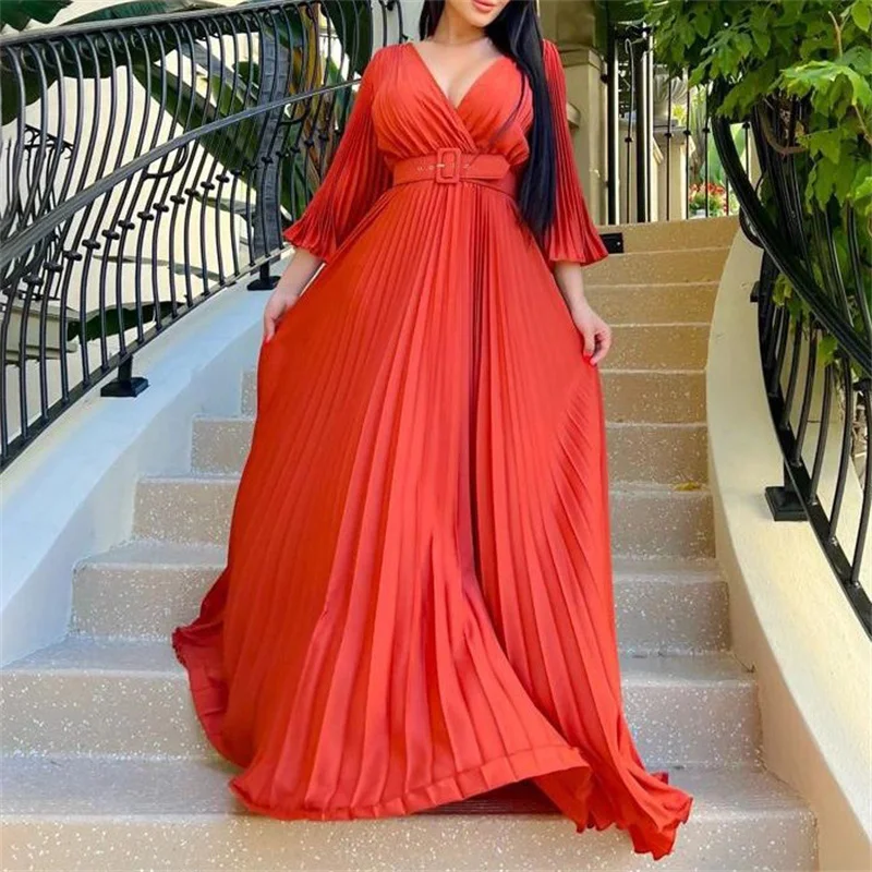 Plus Size Women Party Dress Ruffle Long Sleeve Elegant Dress 2023 Spring Casual Belt Robe Female Designer Fashion V Neck Outfit
