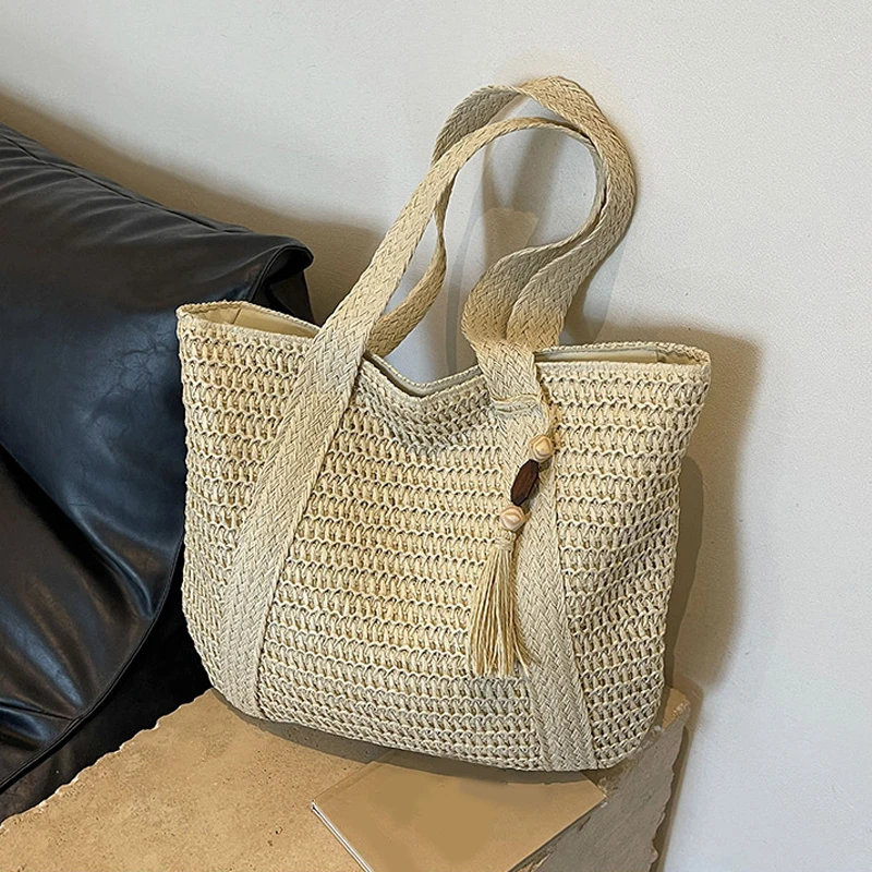 Summer Straw Bag for Women Handmade Woven Shoulder Bag Large Capacity Tote Bags with Pendant Armpit Bag Top-handle Handbag Purse