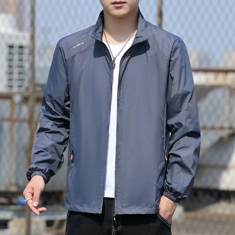 Fashion Stand Collar Zipper Spliced Printed Letter Thin Jackets Men Clothing 2024 Summer New Loose All-match Tops Casual Coats