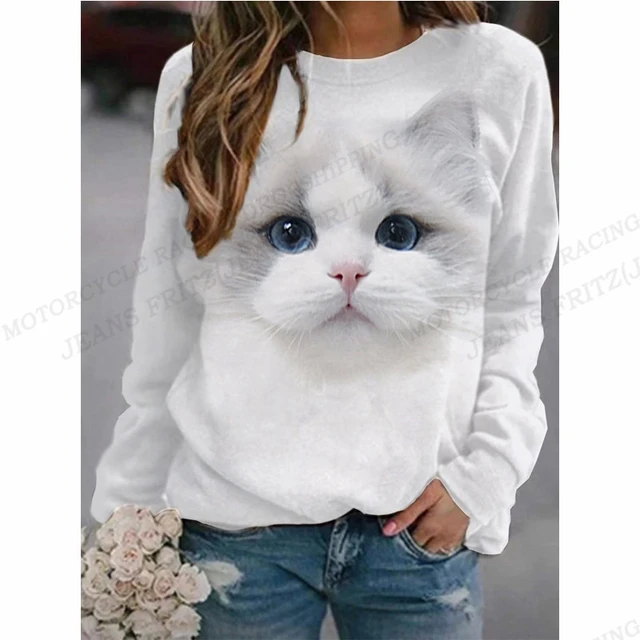 Camisola de manga comprida estampada para gato feminina, Hoodies