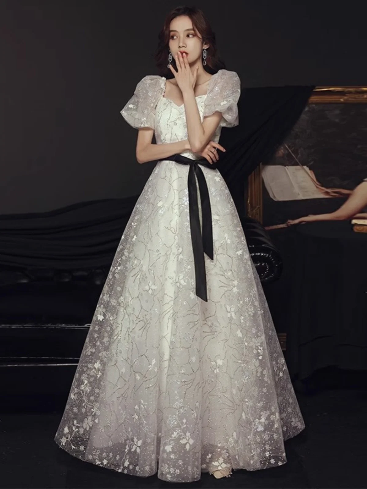 Ele White Evening Gown for Adult Ceremony Student Performance Host Princ Skirt Long Dr Luxury Celebration Ball Dr
