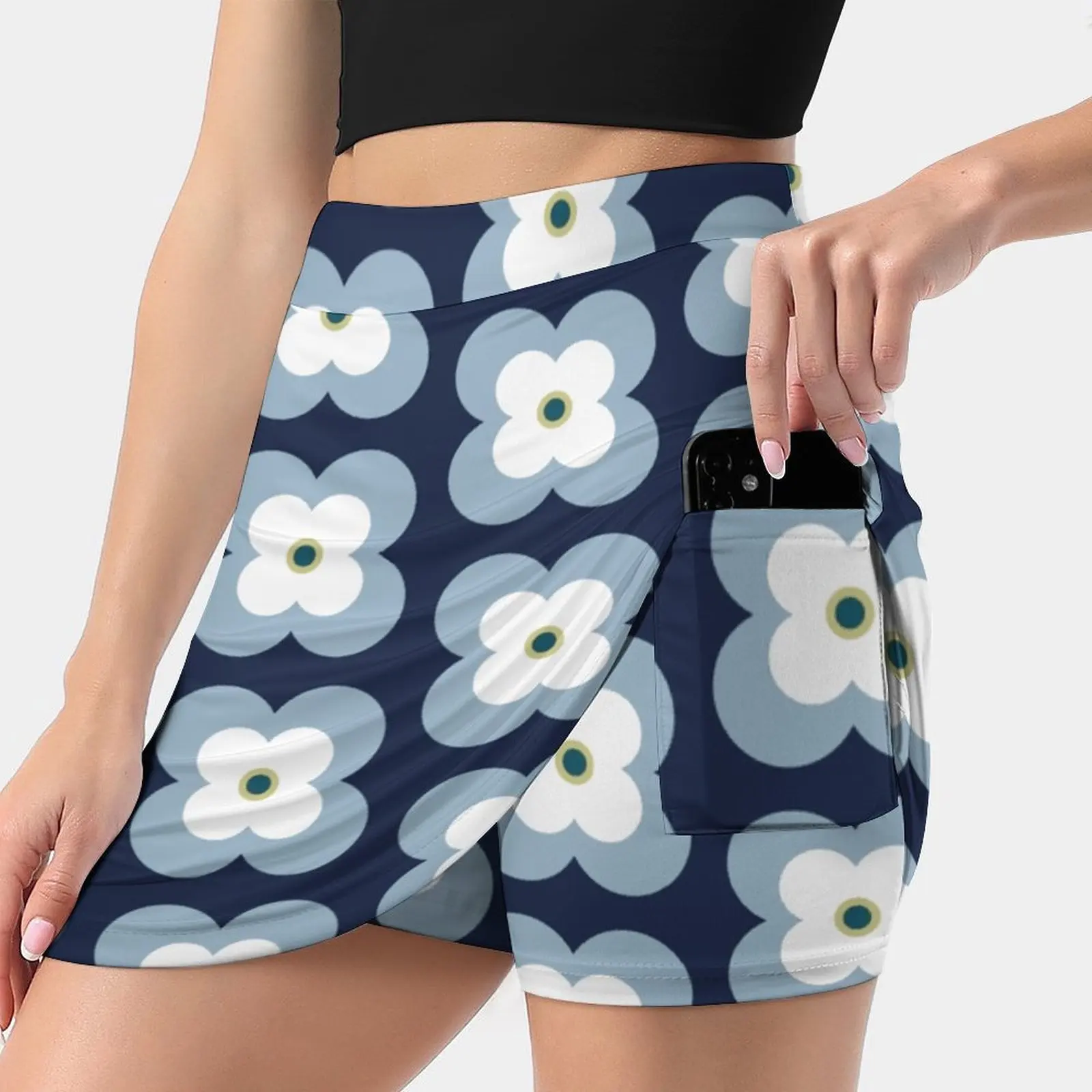 

Mod Blossoms-Navy And French Blue Women's skirt Mini Skirts A Line Skirt With Hide Pocket Flower Flowers Floral Blossom Daisy