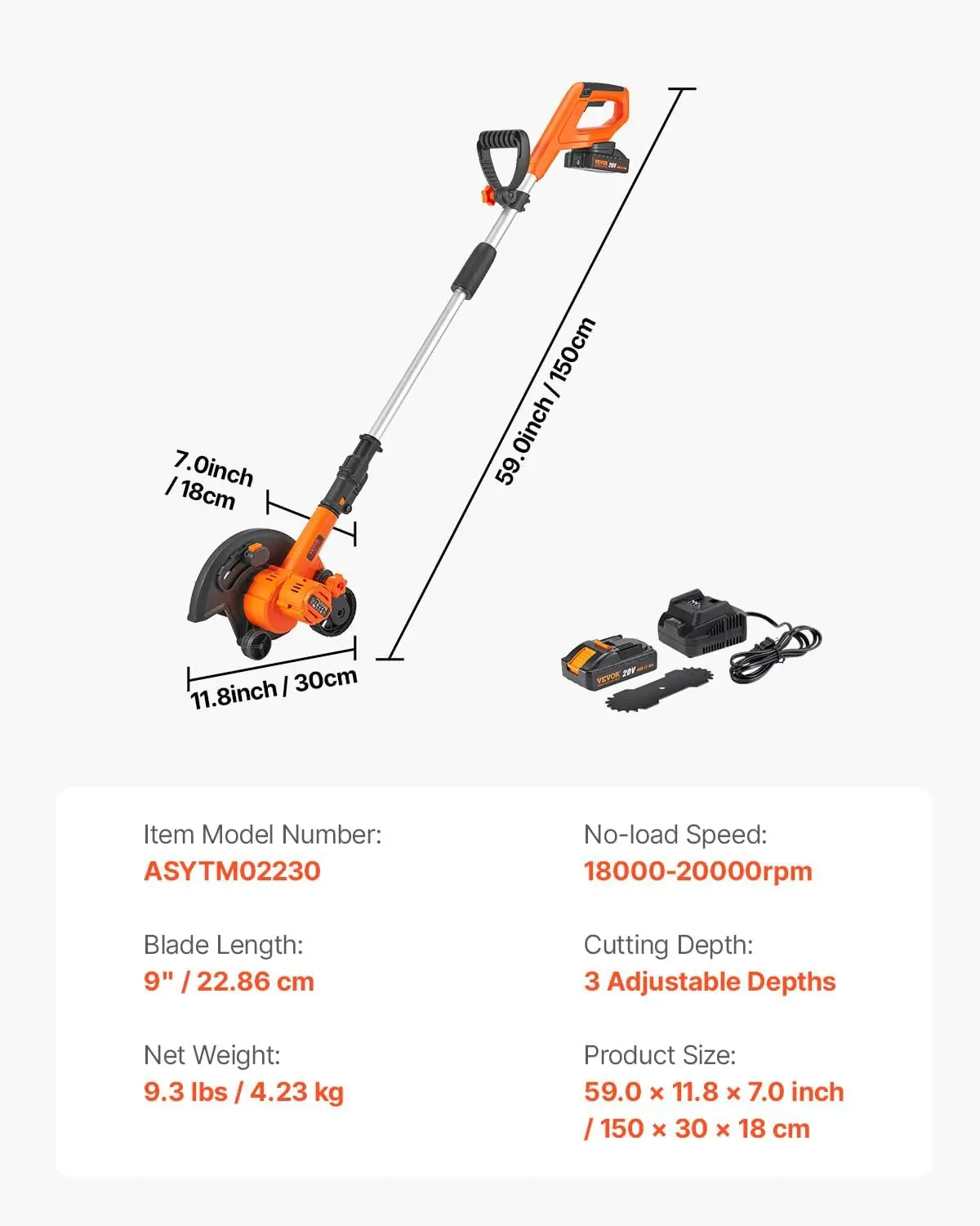Lawn Edger, 9-inch Large Blade, 20 V Battery Powered Cordless Edger Lawn Tool with 3-Position Blade Depth, Adjustable Handle