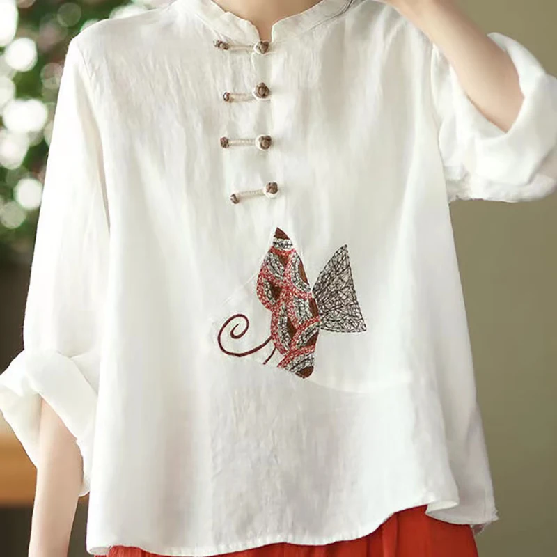 Summer Women Clothing Vintage Thin Shirts Tops V-Neck Half Sleeve Blouses Disc buckle New Chinese Style Loose Pullover Shirt