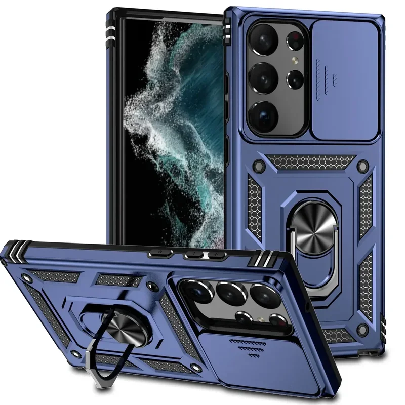 Shockproof Hybrid Dual Layer Magnetic Ring Stand Case with Slide Camera Protection Cover