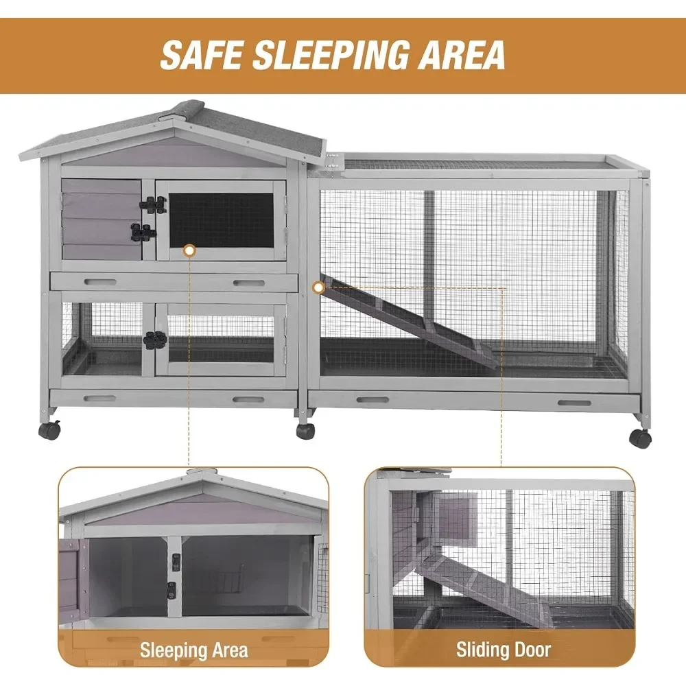 Bunny Cage Indoor and Outdoor Rabbit Hutch with Casters Waterproof Roof, Pull Out Tray from Back and Front 4