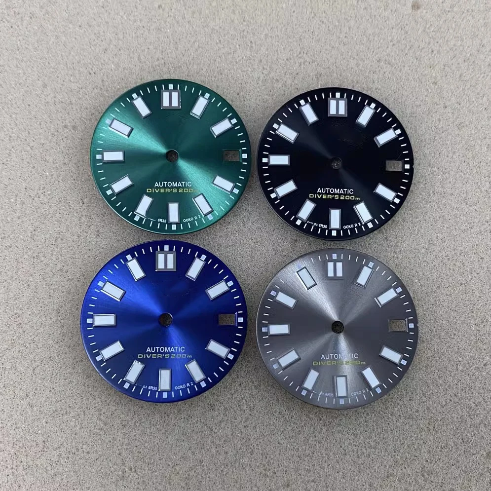 

Циферблат с квадратными шипами sunray NH35 NH36, зеленый светящийся S-циферблат 28,5 мм, белый, синий, черный, зеленый, серый циферблат, изменяет аксессуары для часов