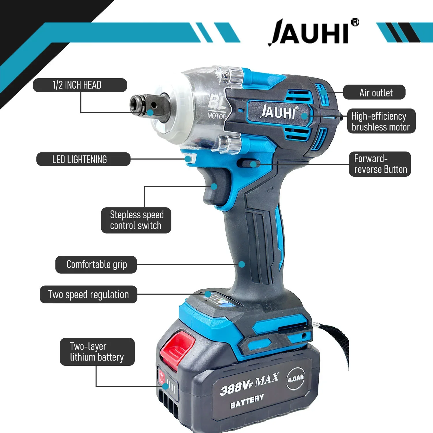 High-Torque Brushless Cordless Electric Impact Wrench - 1/2 Inch Power Tool