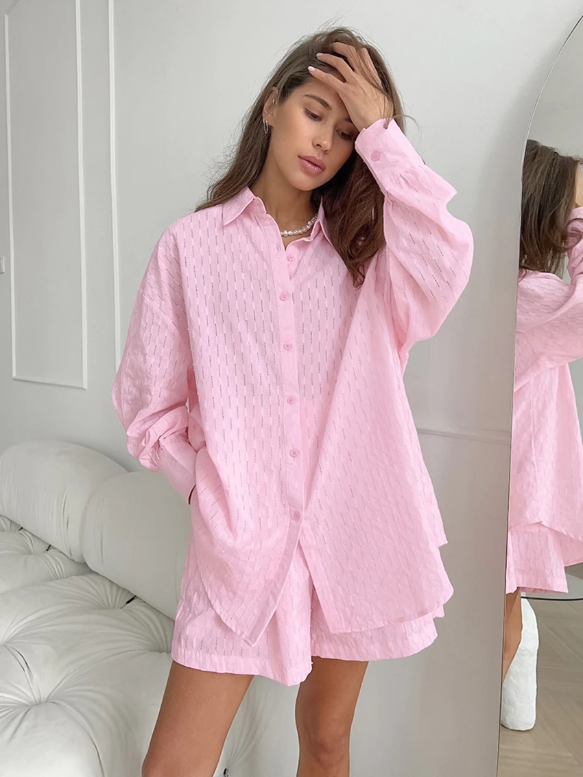 Marthaqiqi Casual Women‘s Sleepwear 2 Piece Set Turn-Down Collar Nightwear Long Sleeve Nightgowns High Waist Shorts Pajamas Suit