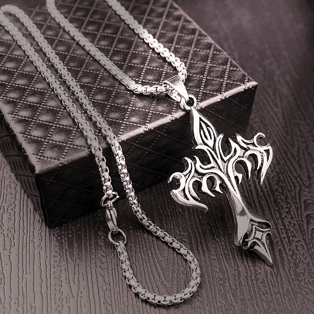 Cross Pendant Necklace Stainless Steel Flame Cross Pendant Goth Necklaces Gift for Women Men