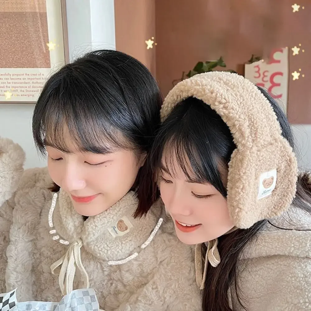 Women Winter Warm Plush Earmuff Ear Warmer Cute Bear Adults Kids Tie Plush Earmuffs