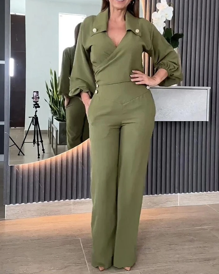 Two Piece Outfit Women Elegant Turn-down Collar V Neck Button Decor Long Sleeve Blouse Top and High Waist Straight Leg Pants Set
