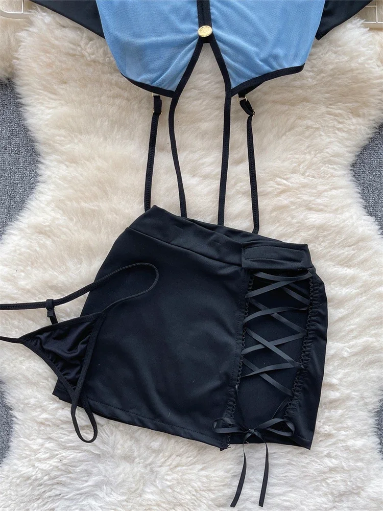 Toucheart Preppy Style Sexy Uniform Sets For Women 2024 V Neck Sheer Top+Lace Up Mini Skirt+Thongs Hollow Out Cosplay Porn Suits - Image 4