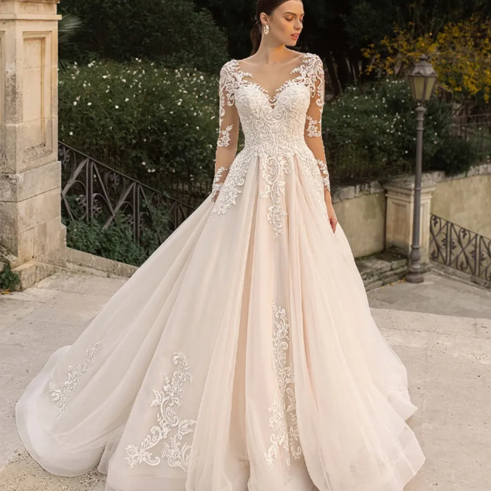 

Exquisite Tulle Wedding Dress 2024 New Long Sleeve O-Neck Appliques Bridal Gowns Customed A-Line Buttons Zipper Back Formal Wear