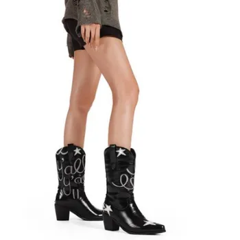 YAOJING Sexy women's mid heeled boots. Black (blue, red) leather center boots. About 7cm heel height. Mid calf boots for women.