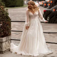 Gorgeous A-line Plus Size Wedding Dresses Customized Long Sleeve Bridal Gown Sweep Train Oversize Bride Dress Robe de Mariee 1
