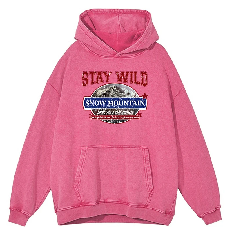 Sudadera con capucha retro desgastada con lavado Stay Wild Snow Mountain para hombre, sudadera holgada 100 % algodón, ropa de gran tamaño, sudadera informal cálida de estilo hip hop