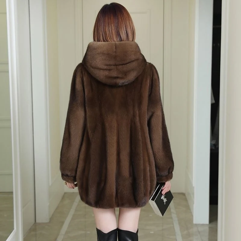 Loose Oversized Hooded Fur Coat Women Imitation Mink Midi-Length Winter Jacket Windproof Thick Long Sleeve Vintage Plus Size