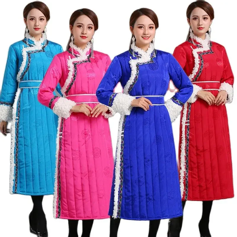 

Traditional Mongolian Clothing Tang Suit Style Robe Female Vintage Costume Ethnic Pattern Cheongsam Elegant Asian Winter Dress