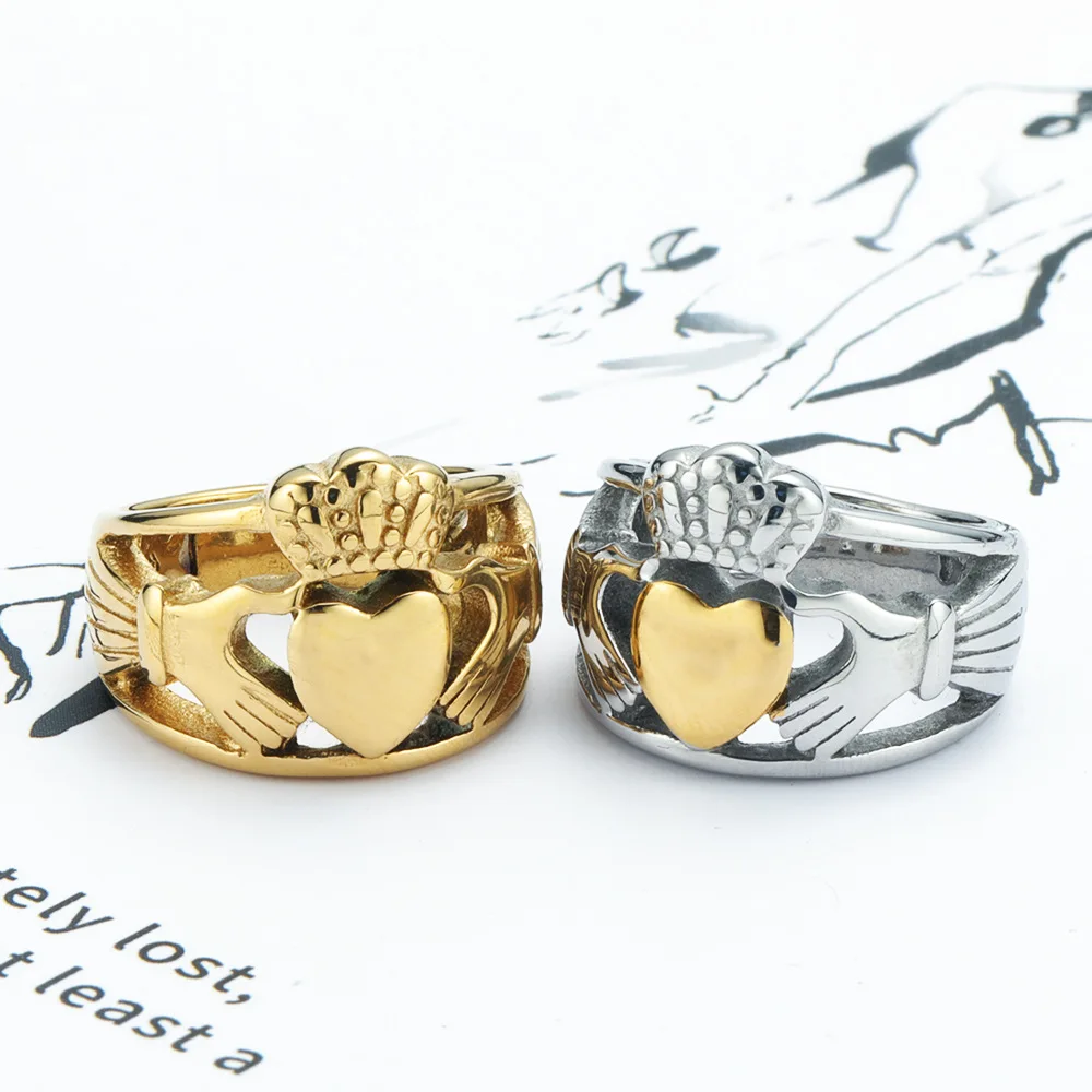 Claddagh Style Hand to Hold a Heart with Crown Ring 316L Stainless Steel Jewelry Celtic Knot Biker Women Ring 2
