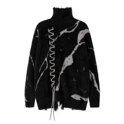Front Lace Up Tie Dye Frayed High Neck Sweaters Men's High Street Retro Casual Oversized Unisex Woolen Clothes Knitted Sweater