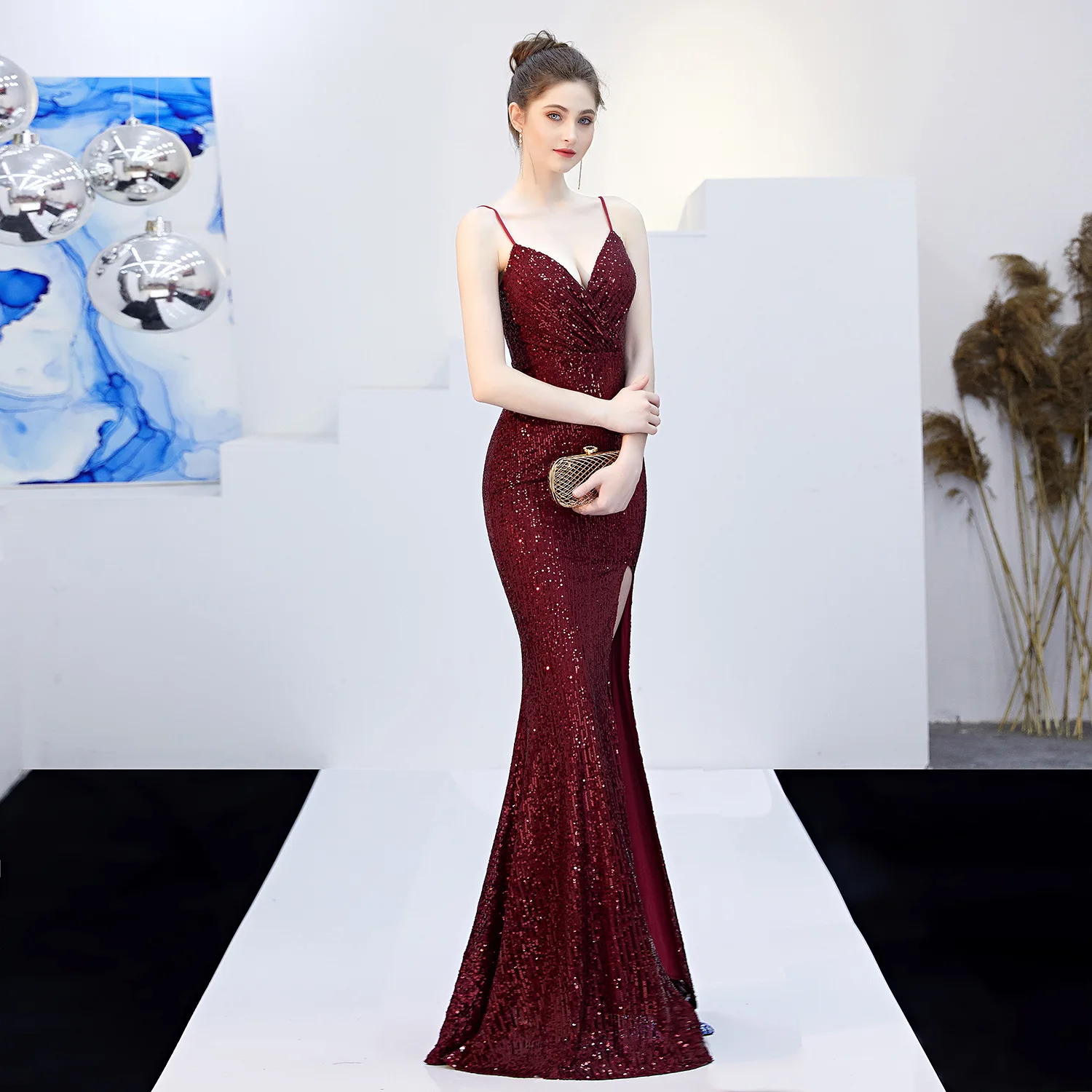 

Sequin Autumn Plain Sexy Wedding Guest Dress Women's V-neck Sleeveless Party Dress Fashion Contrast Cutout High Slit Maxi Dress