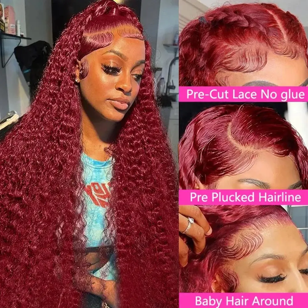 34 Inch Deep Wave Frontal Wig 99J Burgundy Curly  Lace Front Human Hair Wigs Red 13x4 13x6 HD Lace Frontal Wigs For Women