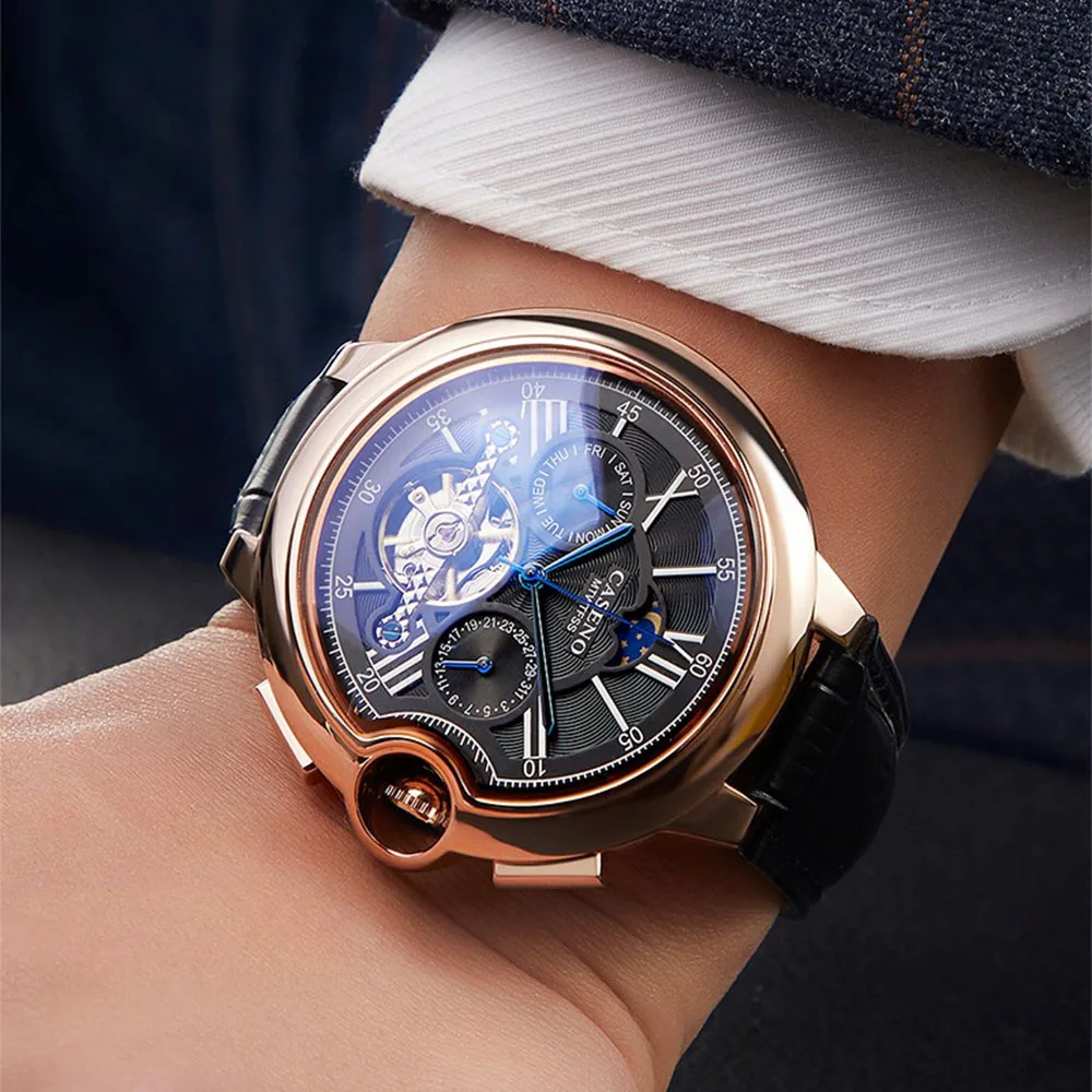MASTOP Automatic Mechanical Watch - Moon Star Design With Leather Strap, 42mm Waterproof Wristwatch