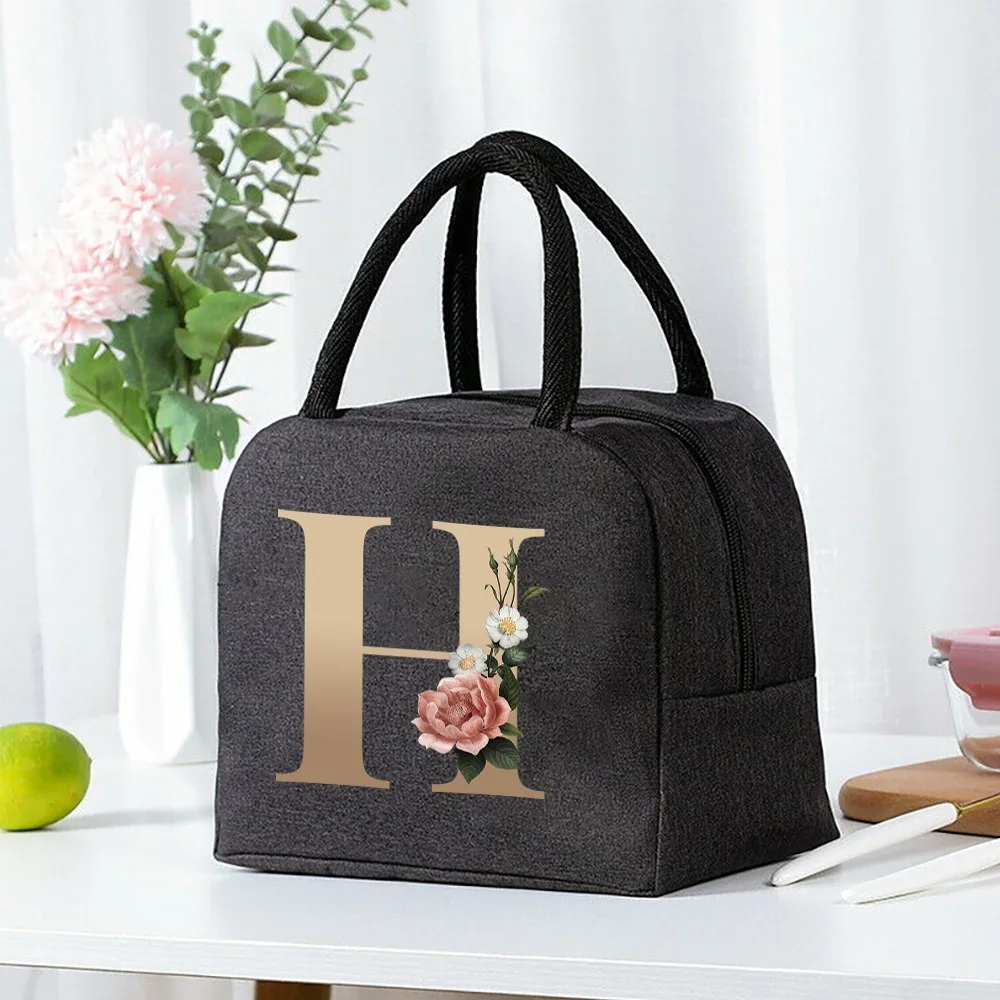 Lunch Bag Cooler Tote Portable Insulated Thermal Canvas Bag Food Picnic Unisex Travel  Lunchbox Organizer Bags Gold Letter Print