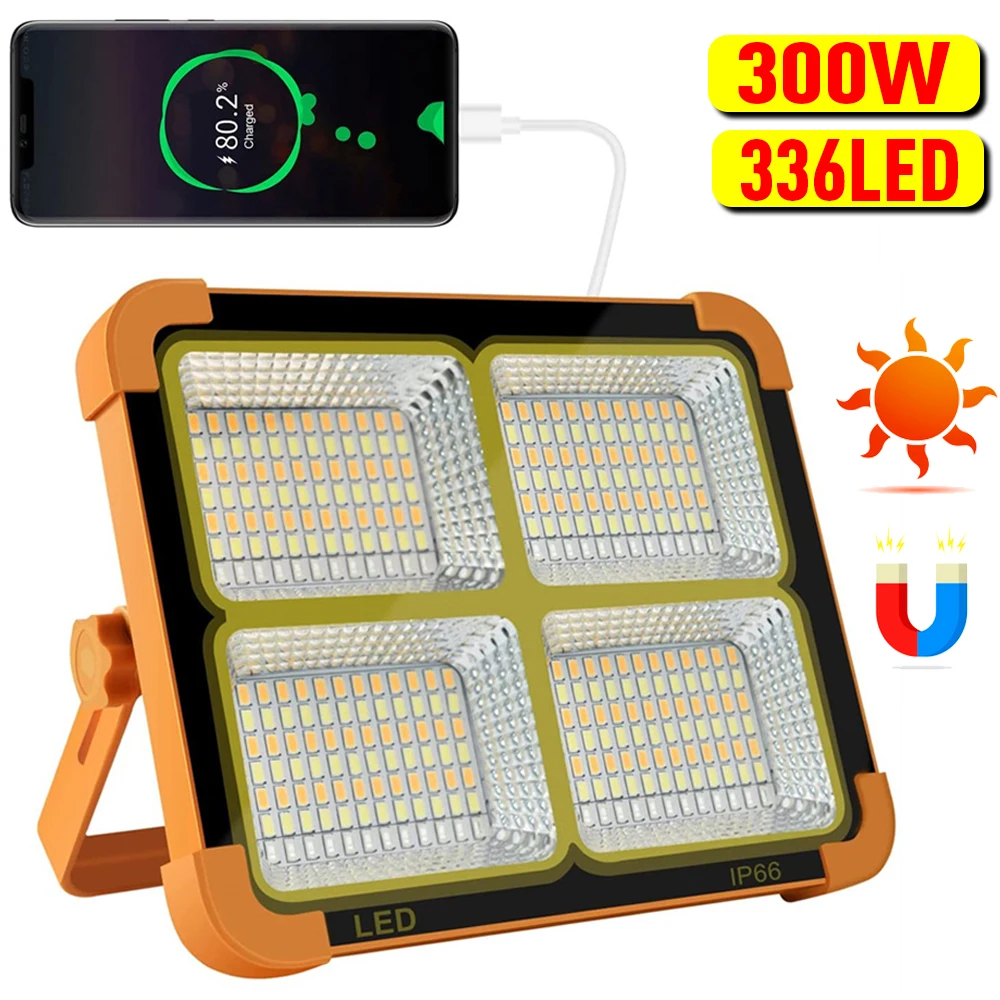 300W LED Solar Work Light 4Colors USB Rechargeable Lanterns IP66 Hook Magnetic Camping Lamp Job Site Floor Stand Torch Powerbank