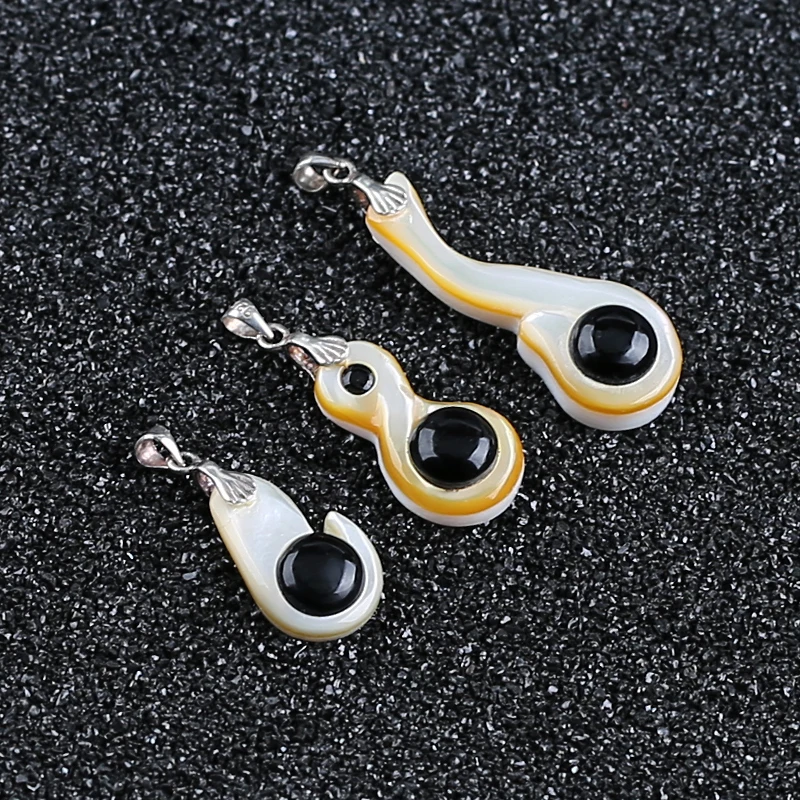 1Pcs Natural Gemstone Shell And Obsidian Pendant Bead,925 Sterling Silver Necklace Accessories,34x14x8mm,3.7g