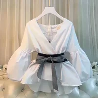 Women Elegant V-Neck Stripe Office Lady Suit Lantern Sleeve Bow Belt Trend Slim Casual Chiffon Shirt Top And Korean Ripped Jeans - Image 4