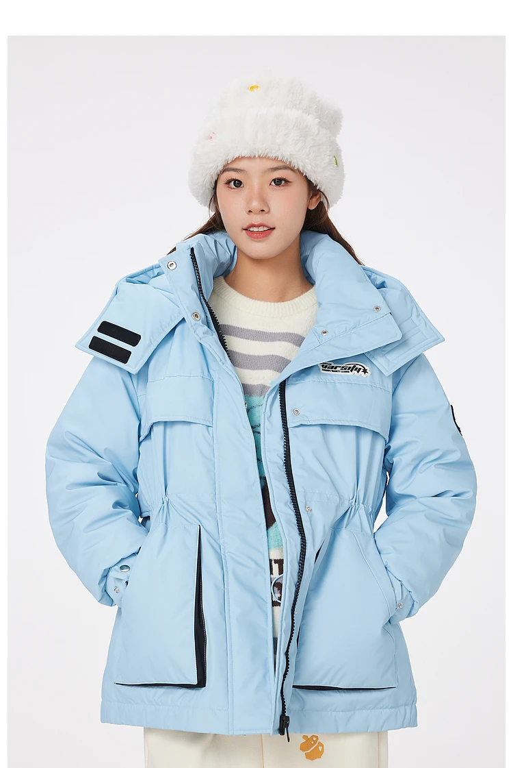 Metersbonwe Women's Jacket Puffer 90 White Duck Down Waist Drawstring Cargo Jackets Hooded Thickened Sporty Warm Wear Winter