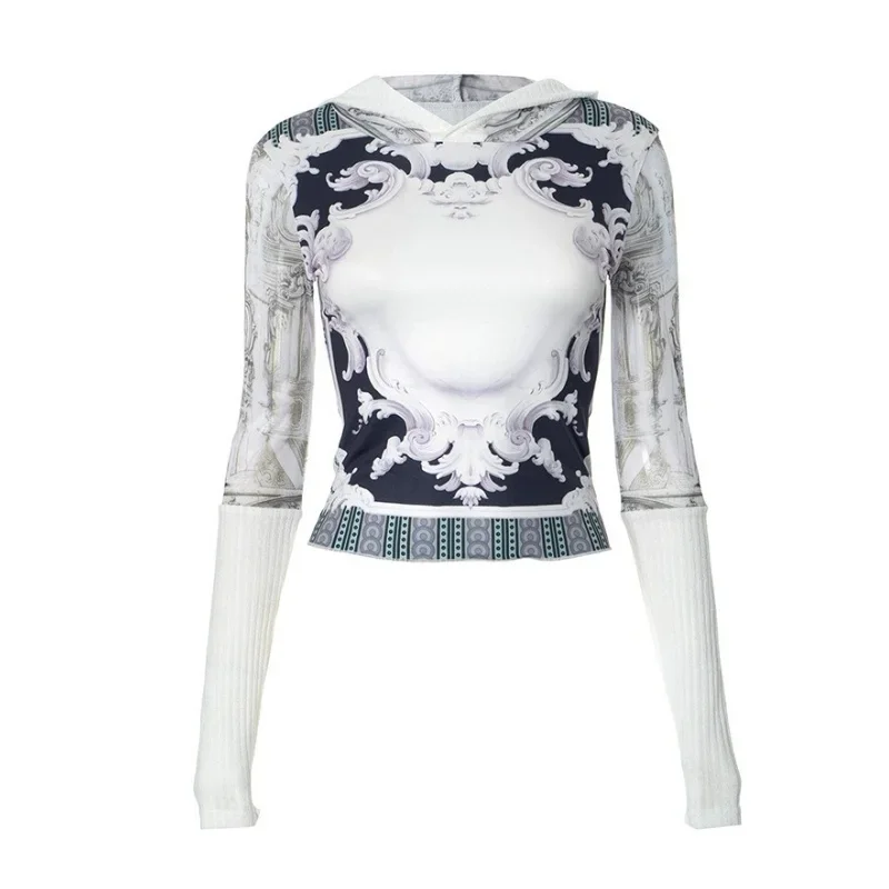 Description Picture 2 of itemLong Sleeve Graphic T Shirts For Women Slim Fit Streetwear Aesthetic Clothes Patchwork Camisetas Ropa De Mujer Hooded Crop Top