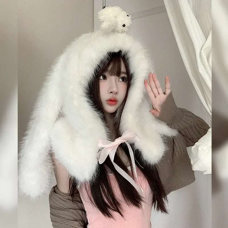 INS Cute Rabbit Ears Plush Bomber Hats Women Autumn Winter Outdoor Warm Thickened Scarf Integrated Ear Protection Balaclava Cap
