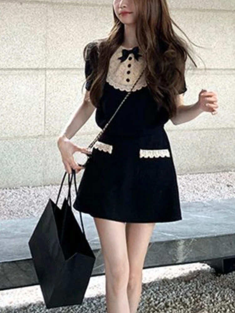 Summer Kawaii Sweet Two Piece Set Women Bow French Vintage Mini Skirt Set Female Lace Retro Korean Fashion Skirt Suit 2023 New