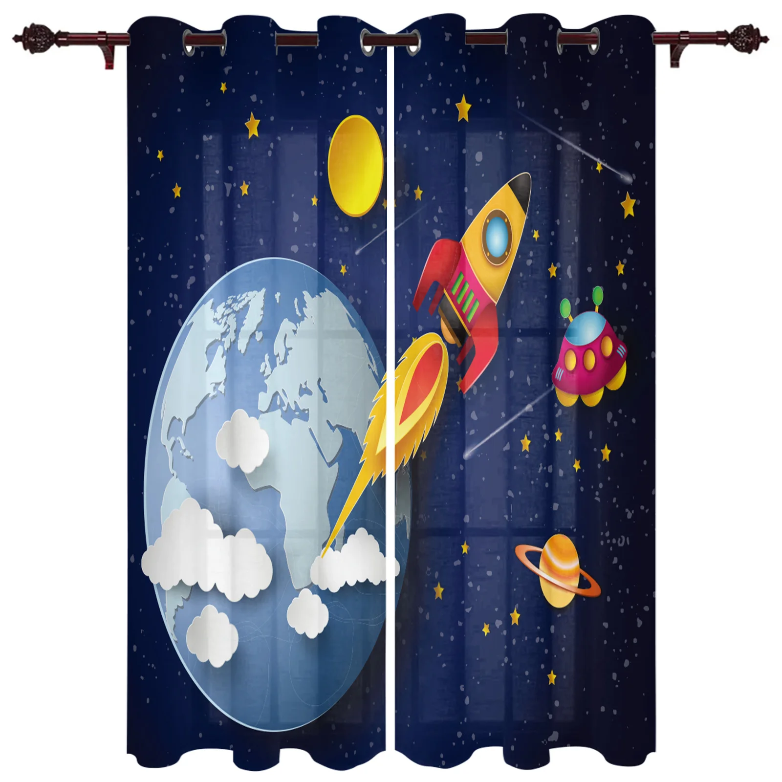 

Outer Space Cartoon Cute Spaceship Rocket Curtains for Children's Bedroom Living Room Kids Window Treatments Kitchen Drapes