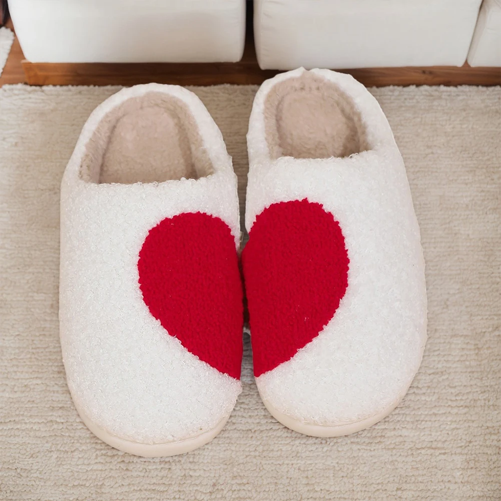 Plush Heart Slippers Flat Thermal Slippers Comfortable Fluffy Love Breathable Furry Couple for Autumn Winter